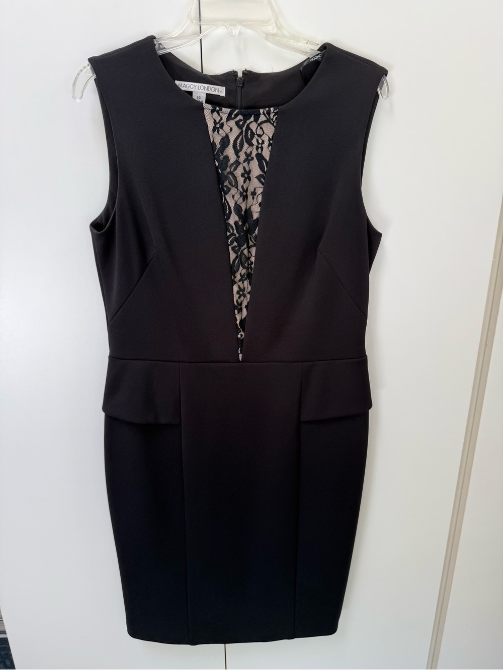 Maggy London Black Sleeveless Sheath Dress Lace Inset 14 Scuba bodycon Sexy